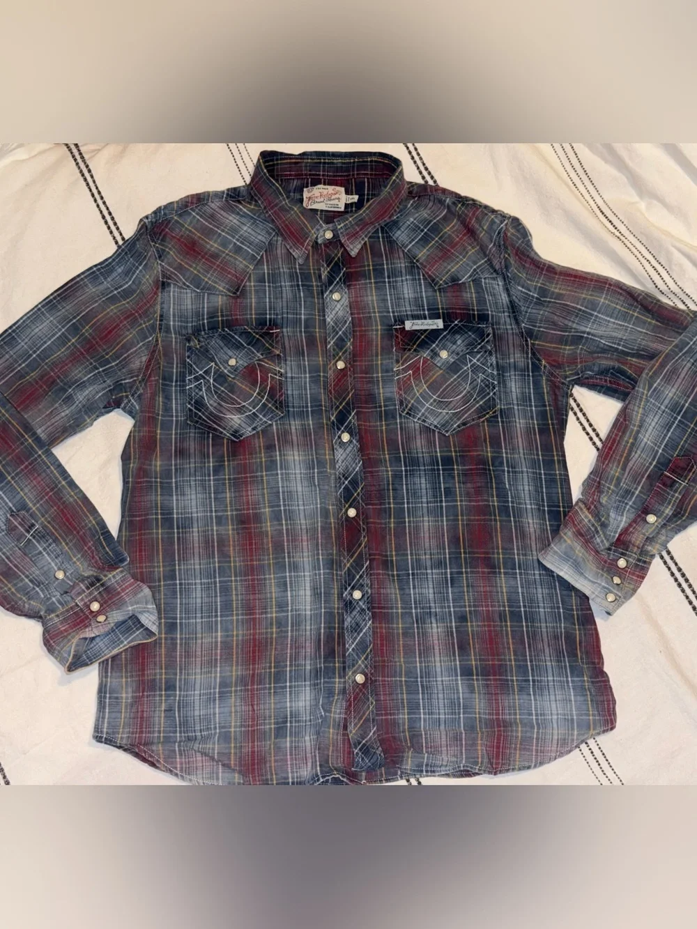 True Religion button-down shirt: plaid pattern: pearl button snaps: western